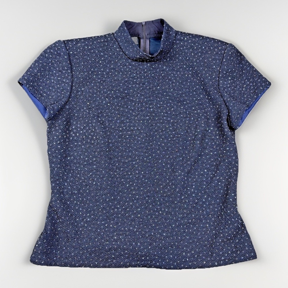 David Warren Blouse Womens 8 Navy Blue Glitter Mock Neck Short Sleeve Textured
